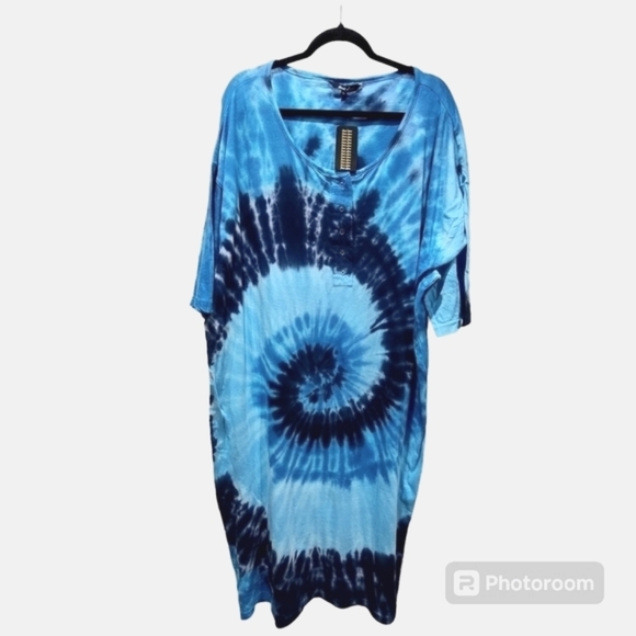 JUST LOVE 2X 100% Cotton Tie Dye Blue Loungewear Pajama Dress Coverup 3/4 Button - Picture 4 of 10